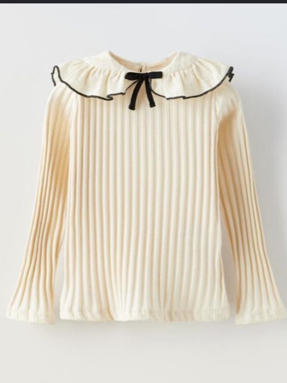 Zara Cream Ribbed Off-Shoulder Sweater with Black-Trim Ruffle